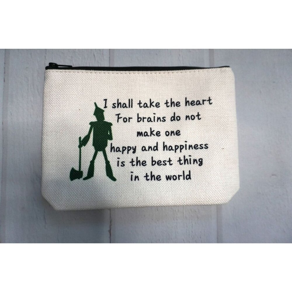 Wizard of Oz Tin Man Quote Canvas Zipper Pouch White & Green - Picture 2 of 7